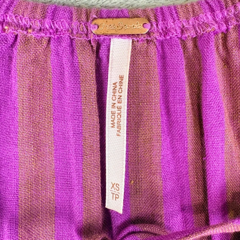 Free People XS Purple Folk Town Striped Linen Blend Tunic Dress Tassel Pockets